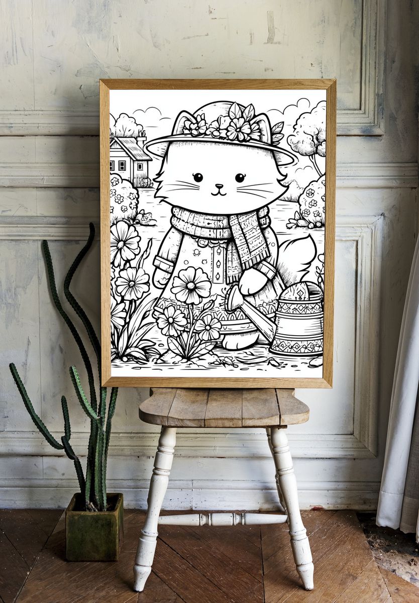 Garden Cat Coloring Poster. — room view 1