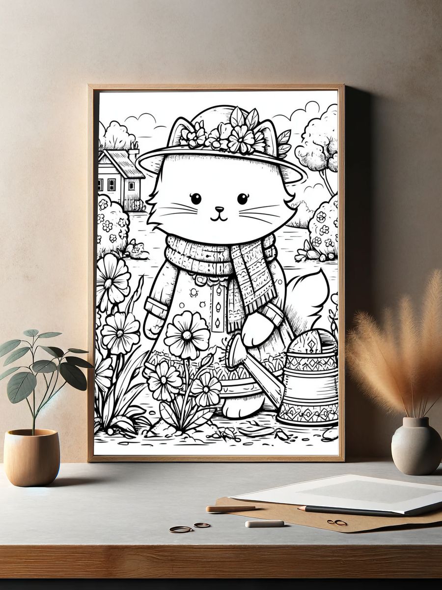 Garden Cat Coloring Poster. — room view 2