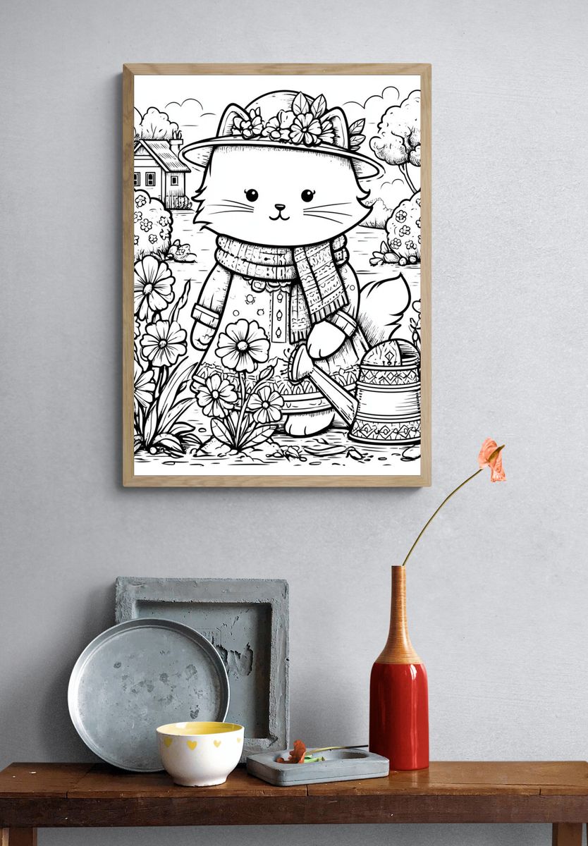 Garden Cat Coloring Poster. — room view 3