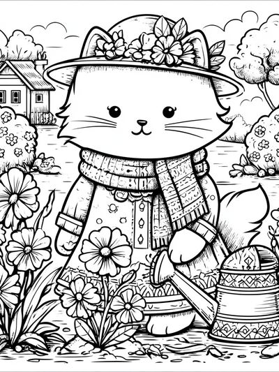 Garden Cat Coloring Poster.
