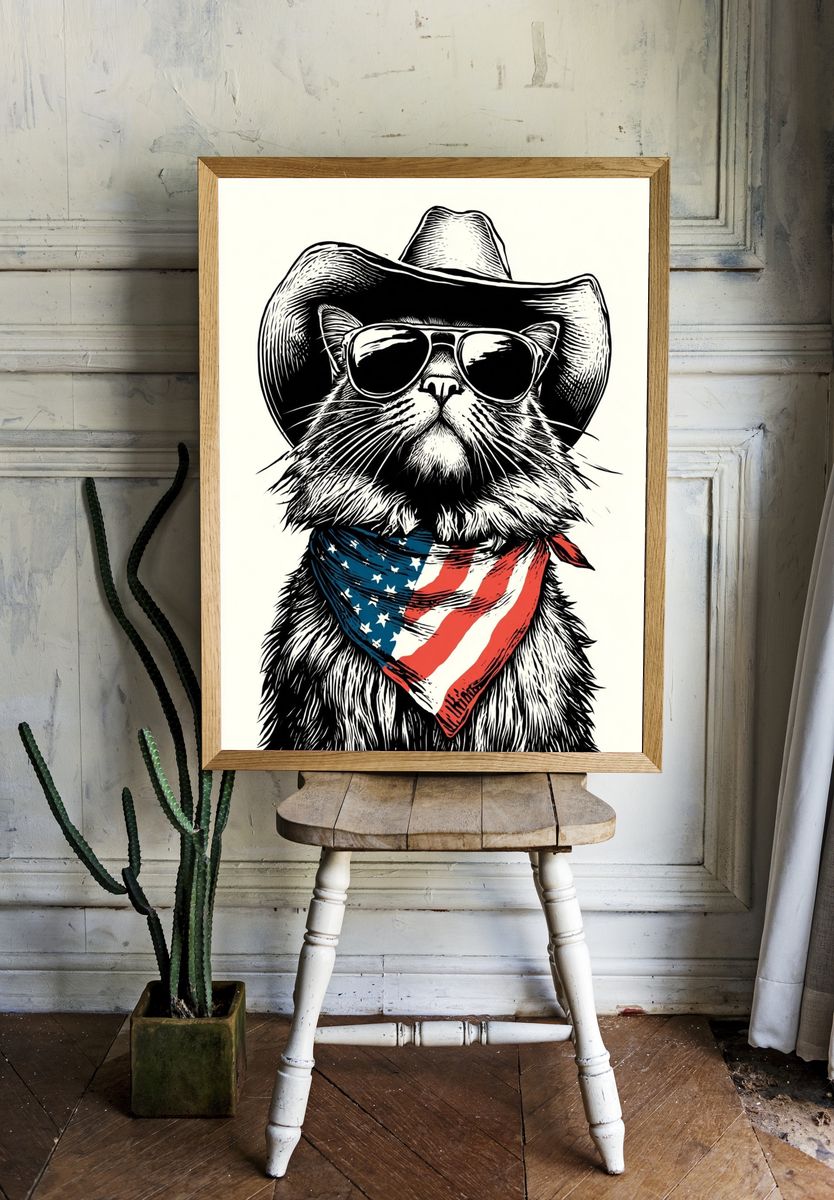 Cowboy Cat Illustration Poster. room preview