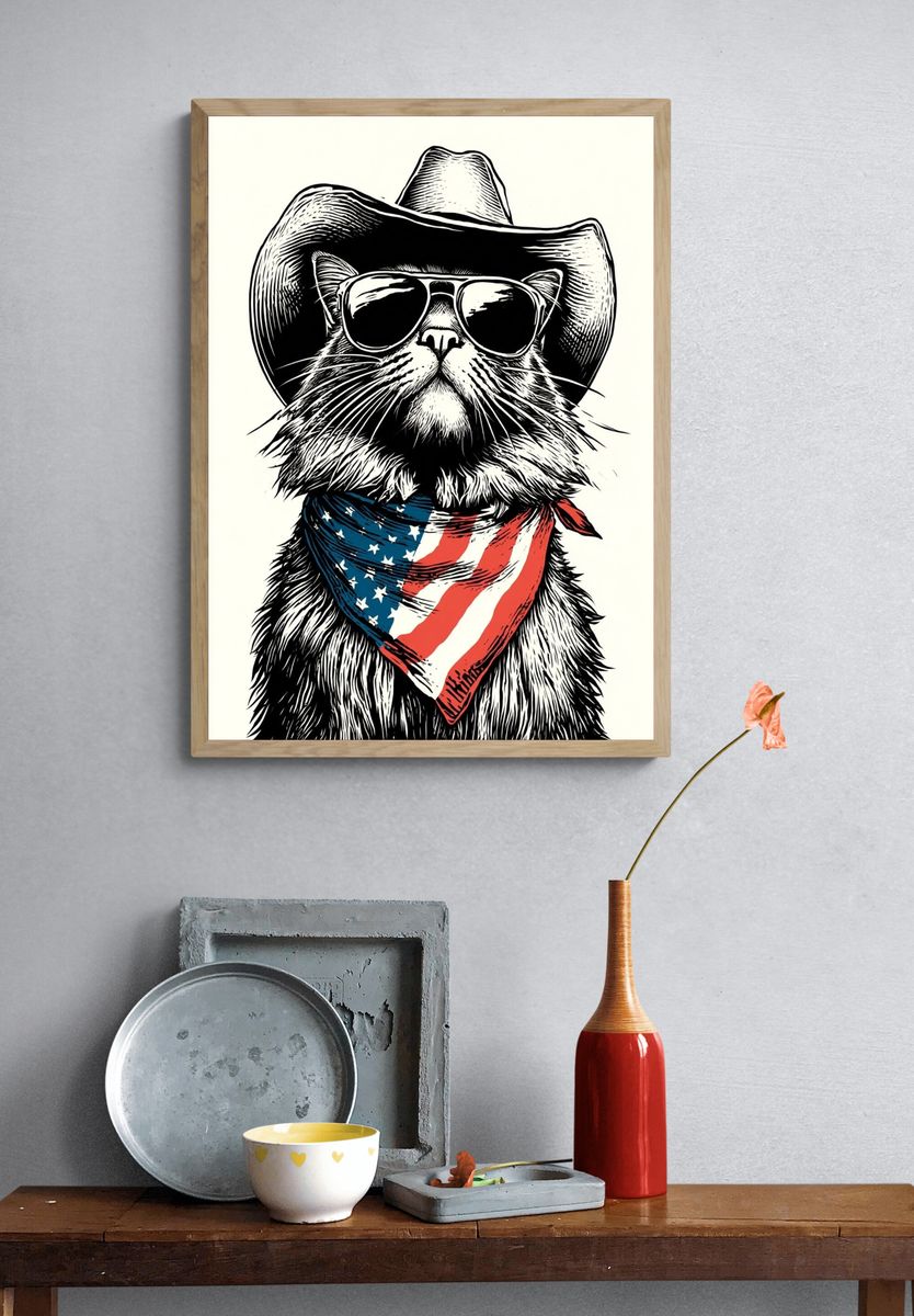 Cowboy Cat Illustration Poster. — room view 3