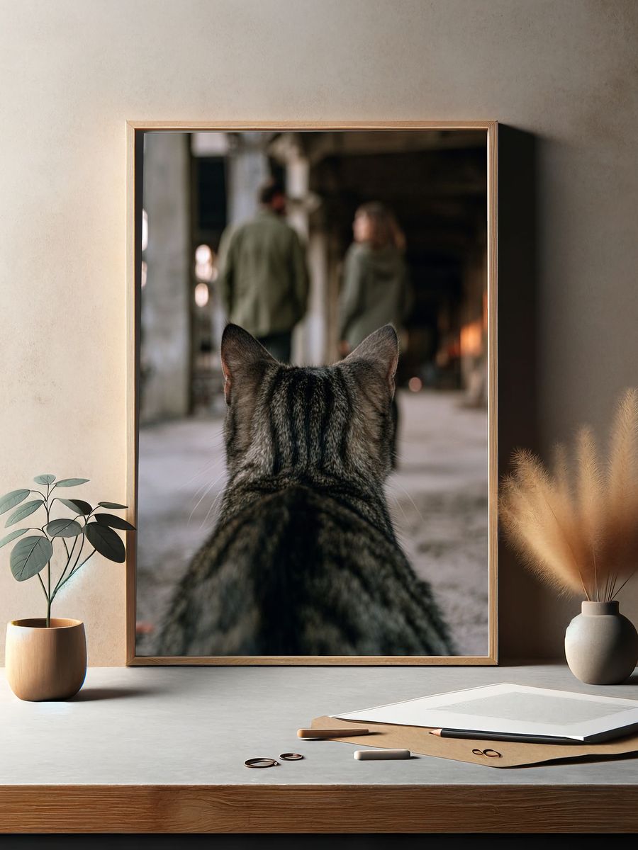 Cat in Industrial Hallway Photography Poster. — room view 2