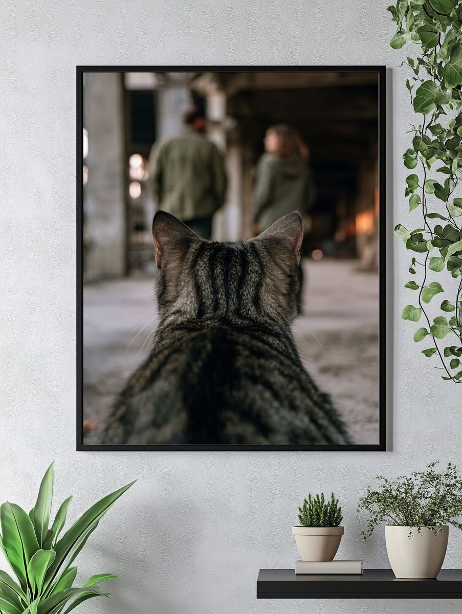 Cat in Industrial Hallway Photography Poster. — room view 4