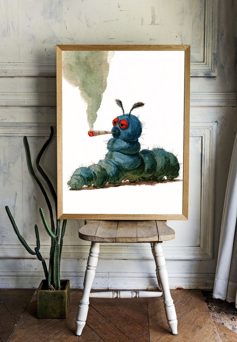 Smoking Caterpillar Watercolor Print. — room view 1