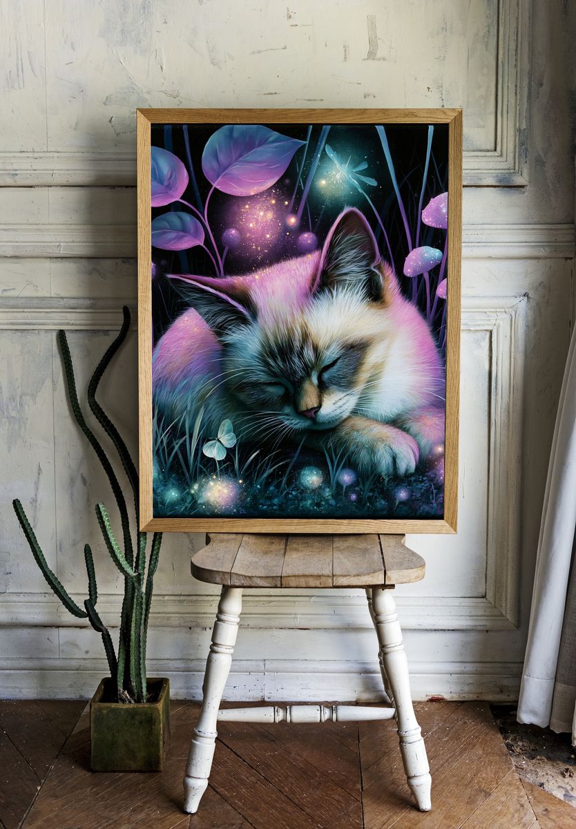 Sleeping Cat Fantasy Illustration Poster. room preview