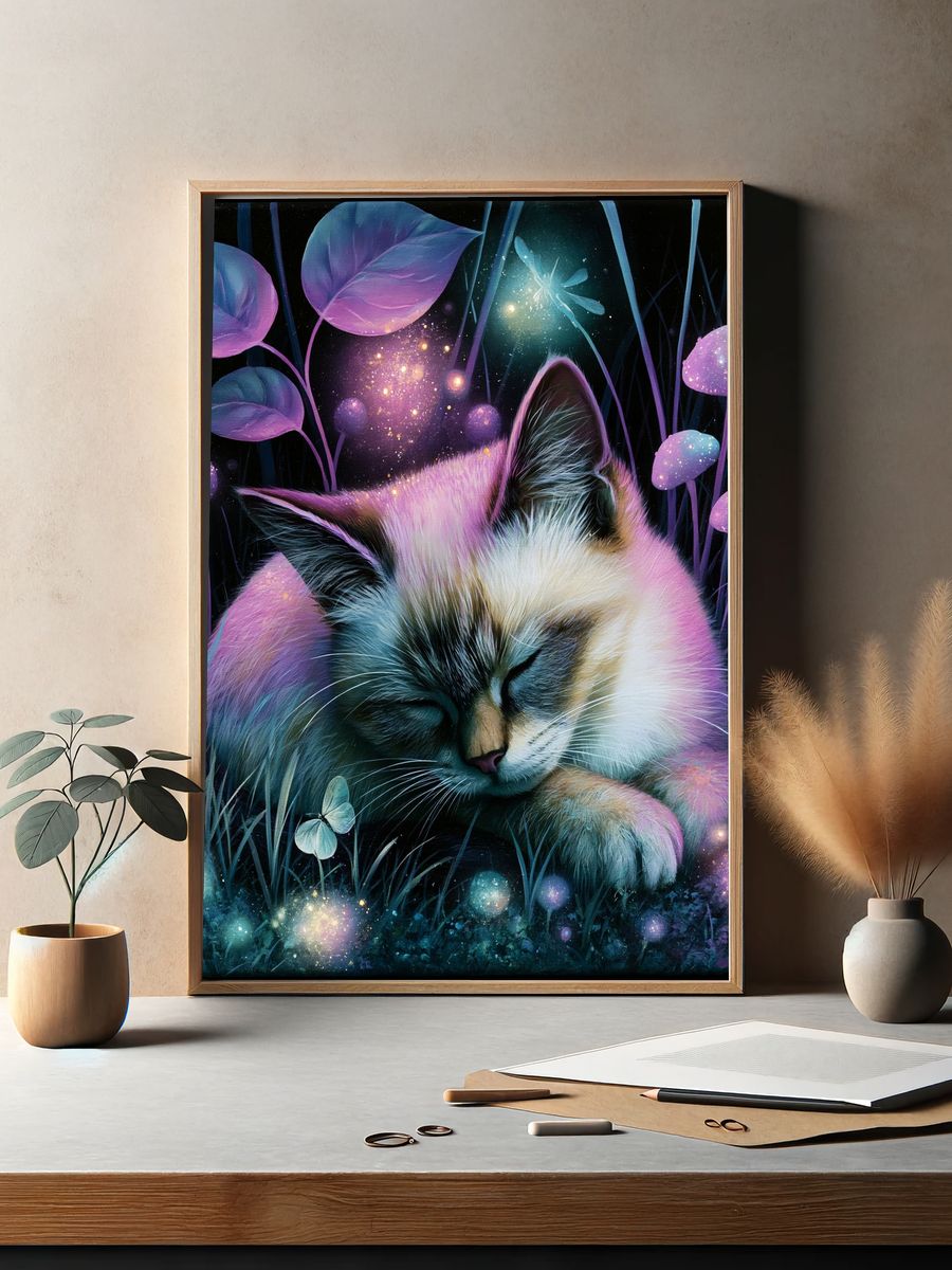 Sleeping Cat Fantasy Illustration Poster. — room view 2