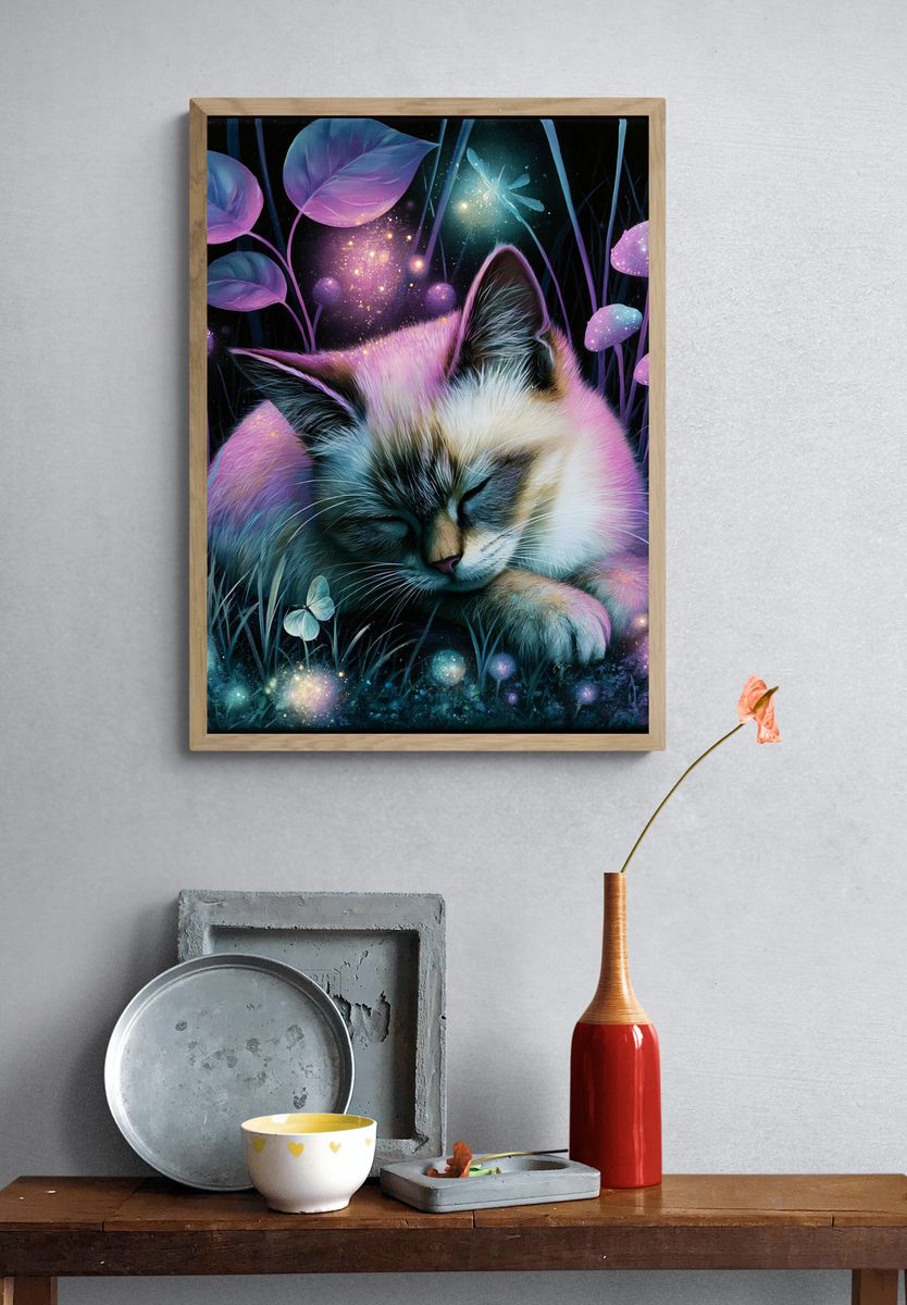 Sleeping Cat Fantasy Illustration Poster. — room view 3