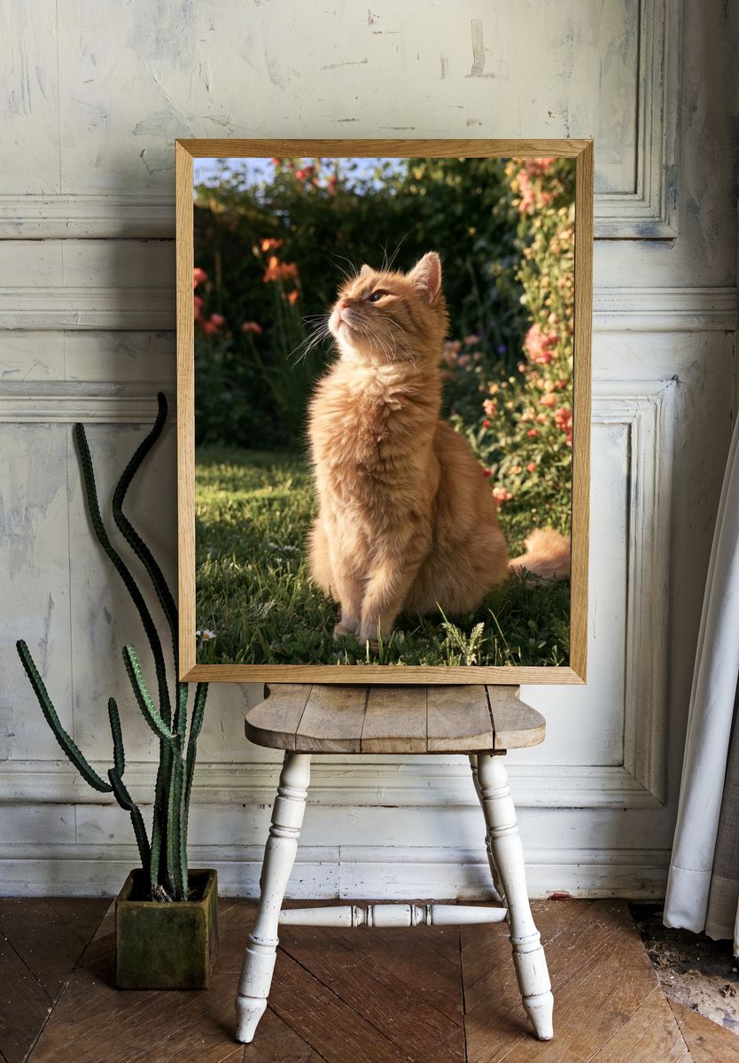 Ginger Cat in Garden Photography Poster. room preview