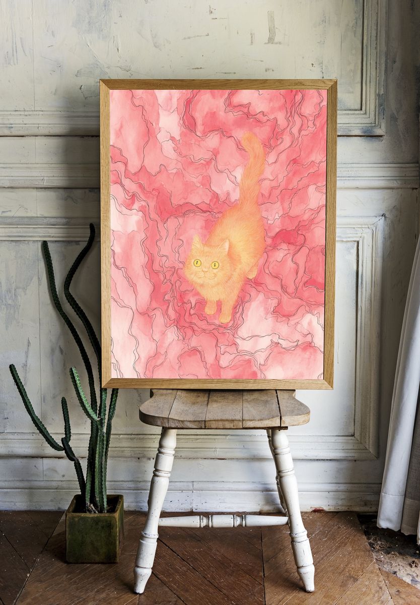 Pink Cat Dreamscape Illustration Poster. — room view 1