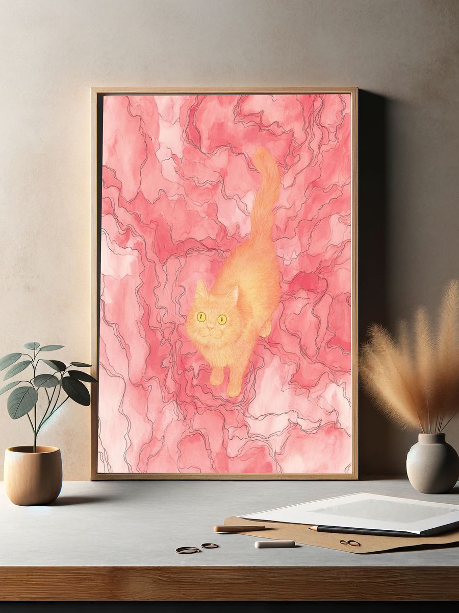 Pink Cat Dreamscape Illustration Poster. — room view 2