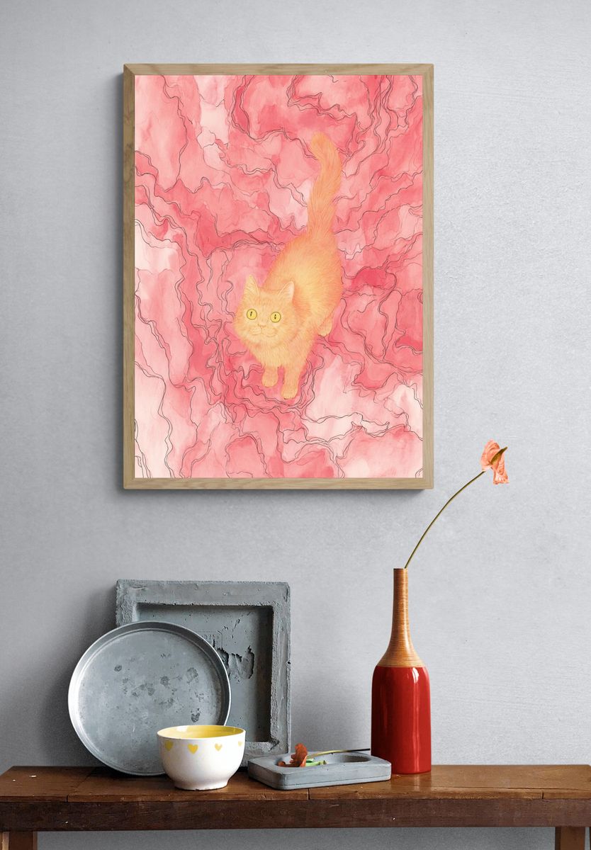 Pink Cat Dreamscape Illustration Poster. — room view 3