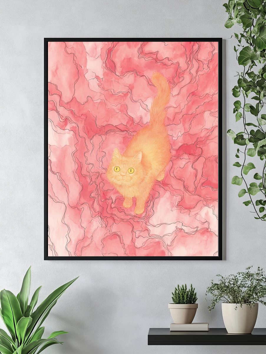 Pink Cat Dreamscape Illustration Poster. — room view 4