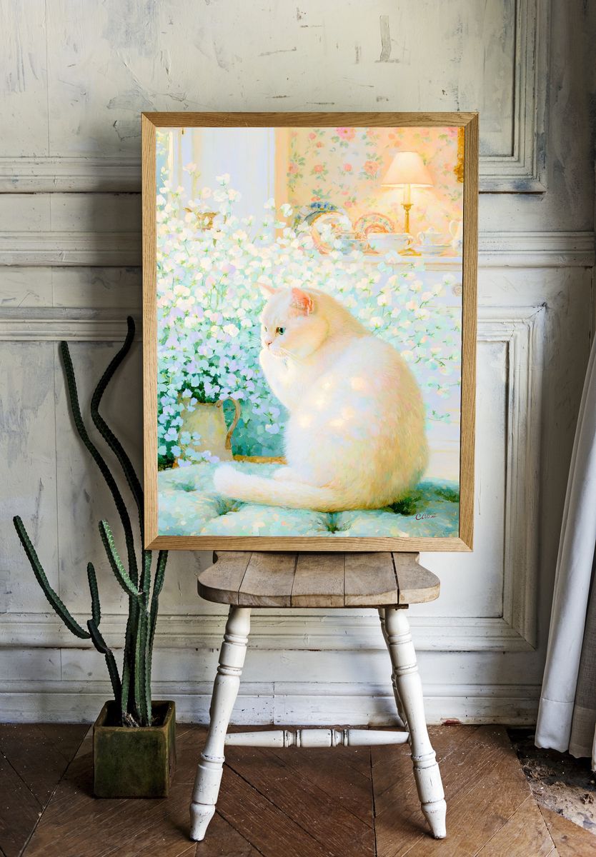 White Cat in Floral Room Poster. — room view 1