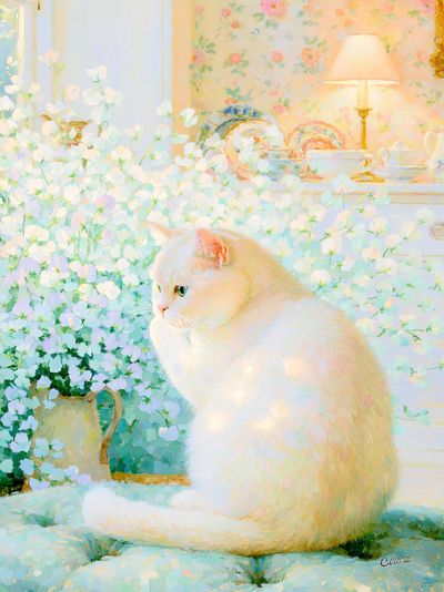 White Cat in Floral Room Poster.
