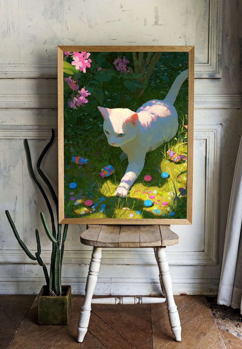 White Cat in Garden — Illustration Print. — room view 1
