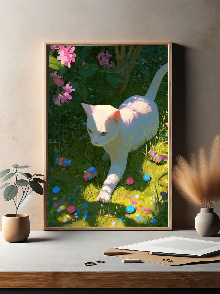 White Cat in Garden — Illustration Print. — room view 2