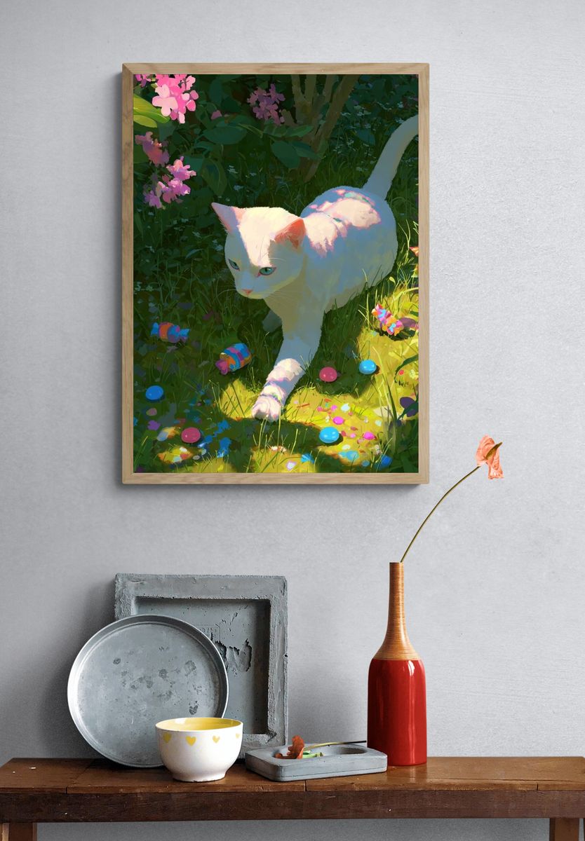 White Cat in Garden — Illustration Print. — room view 3