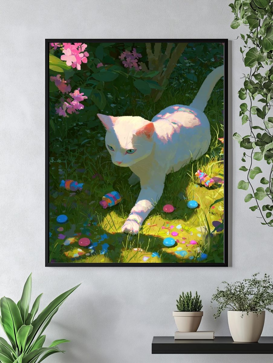 White Cat in Garden — Illustration Print. — room view 4