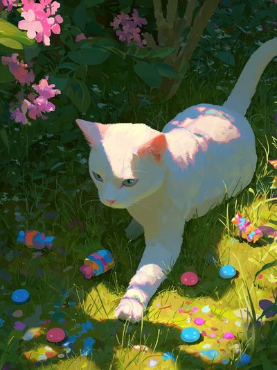White Cat in Garden — Illustration Print. poster print