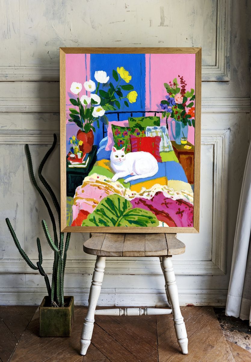 White Cat Bedroom Painting Poster. room preview