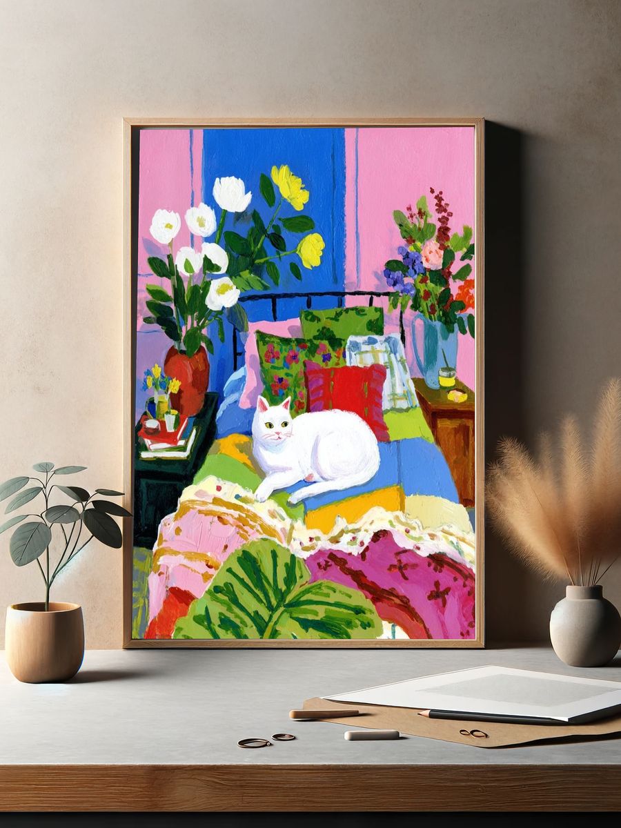 White Cat Bedroom Painting Poster. — room view 2