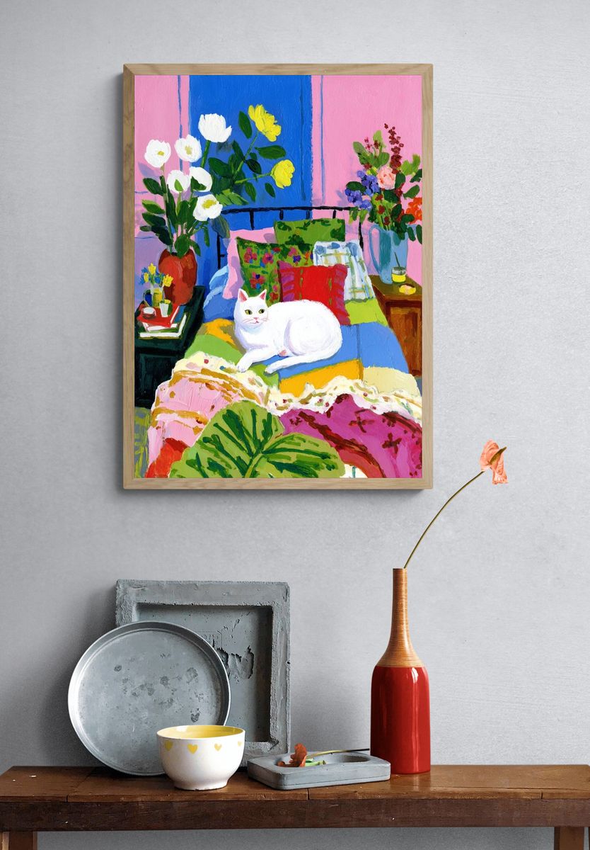 White Cat Bedroom Painting Poster. — room view 3