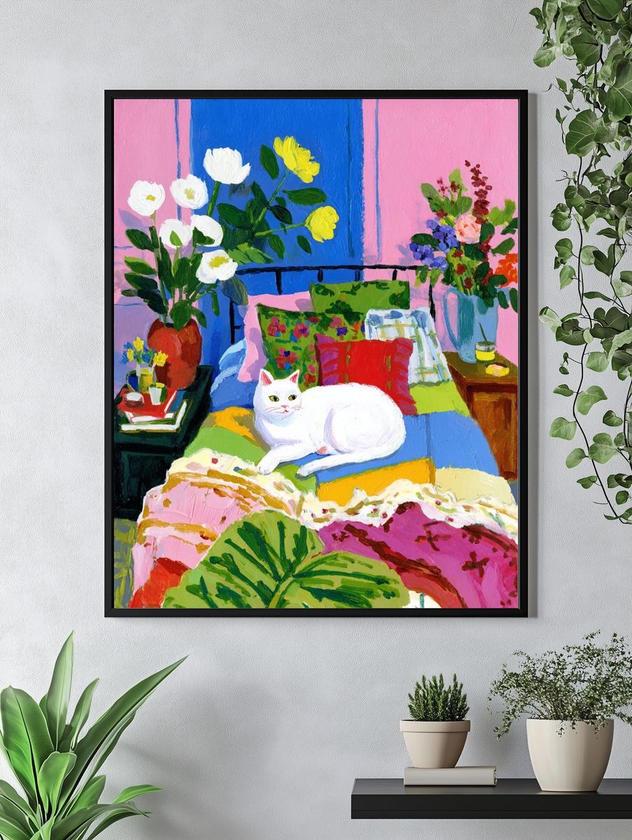 White Cat Bedroom Painting Poster. — room view 4