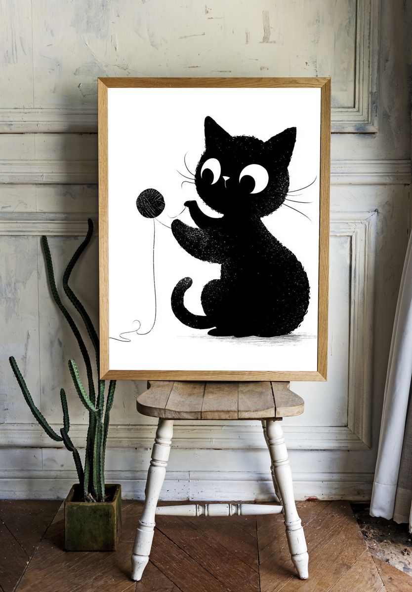 Playful Black Cat Illustration Poster. — room view 1
