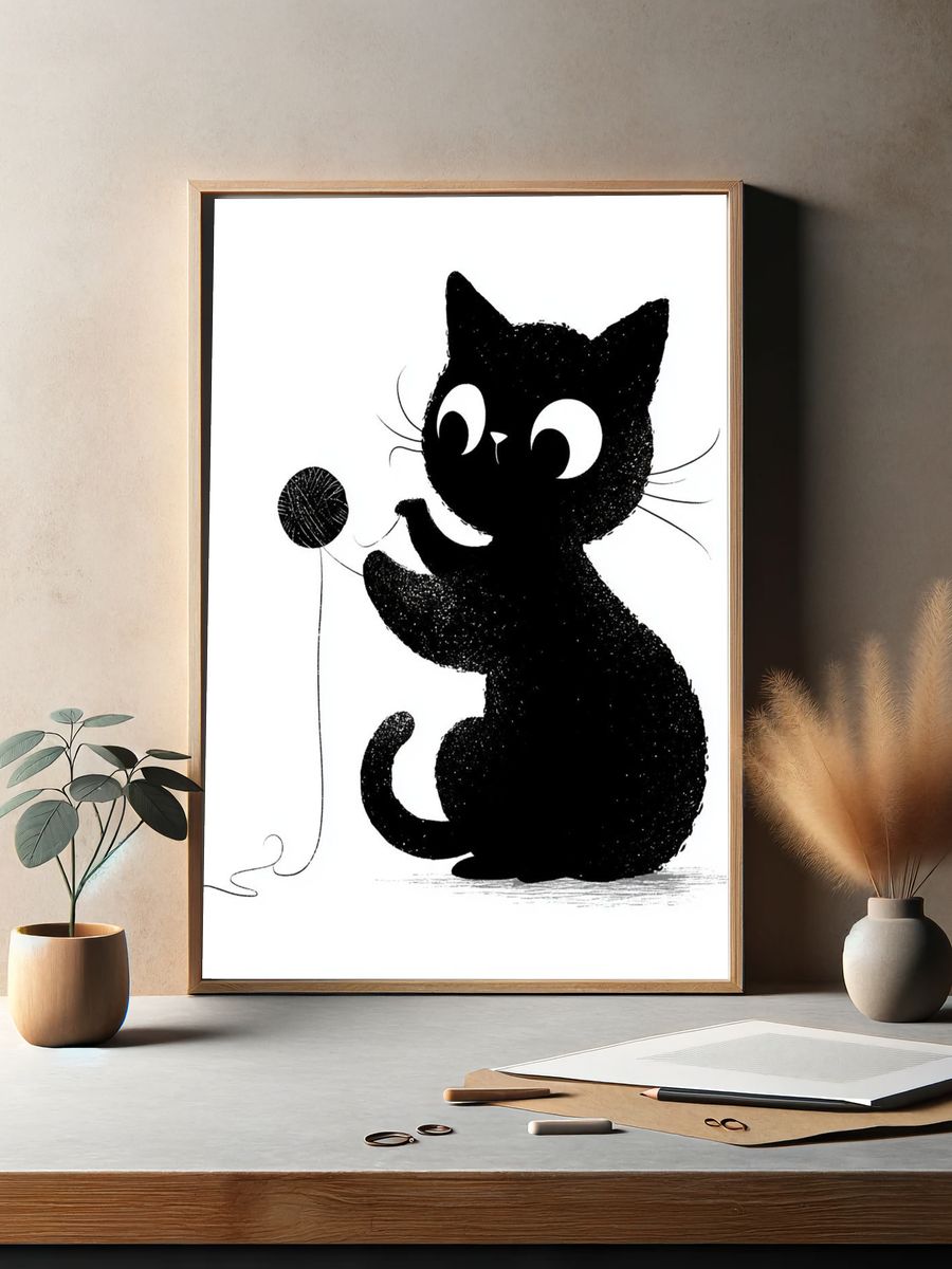 Playful Black Cat Illustration Poster. — room view 2