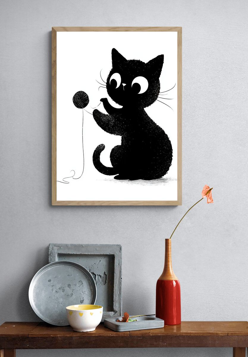 Playful Black Cat Illustration Poster. — room view 3