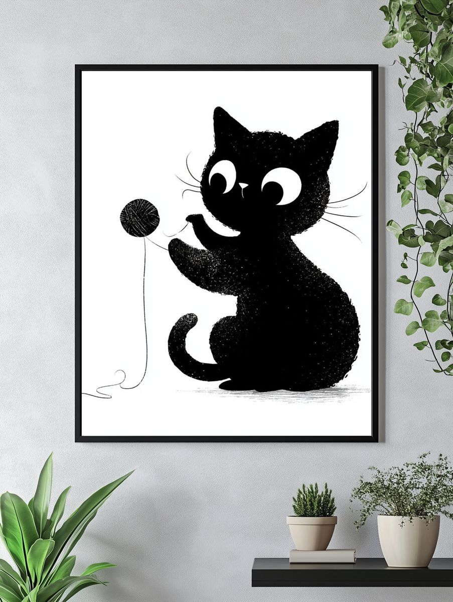 Playful Black Cat Illustration Poster. — room view 4