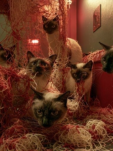 Siamese Cats in Red Tangle Poster. poster detail