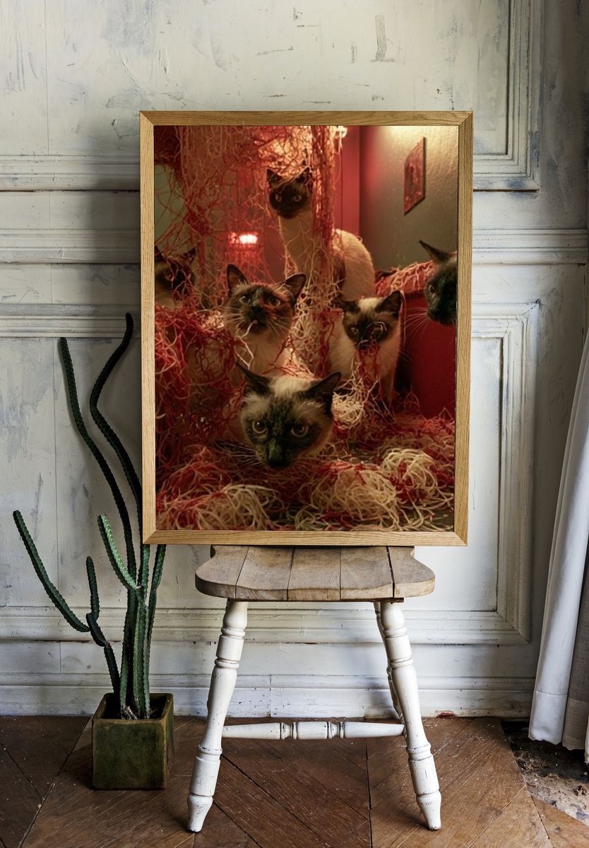 Siamese Cats in Red Tangle Poster. room preview