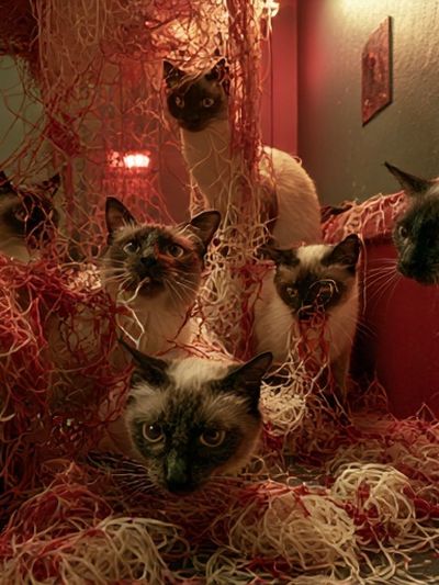 Siamese Cats in Red Tangle Poster.