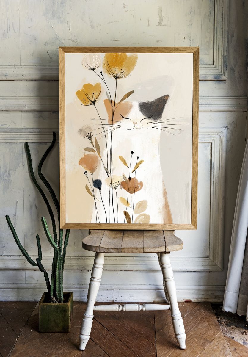Whimsical Cat with Flowers — Illustration Print. — room view 1