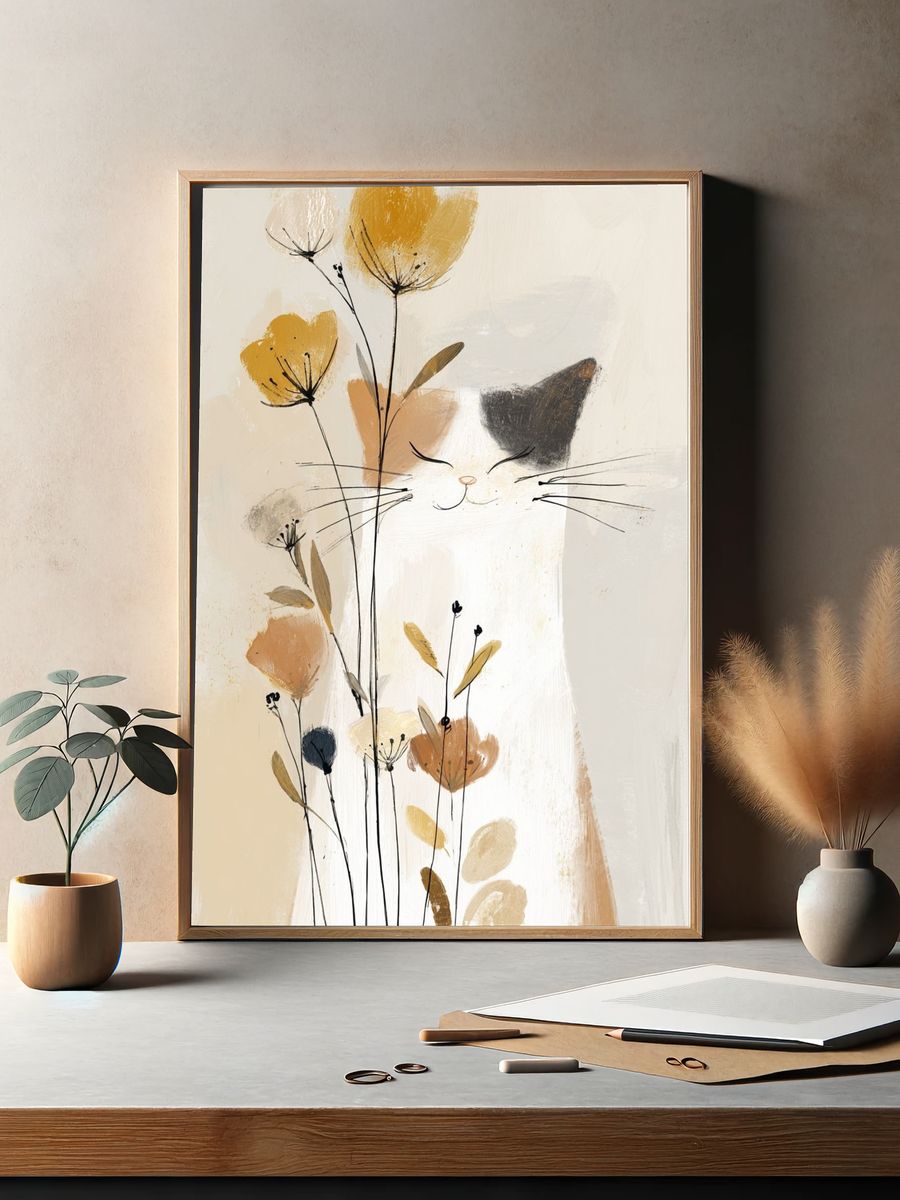 Whimsical Cat with Flowers — Illustration Print. — room view 2
