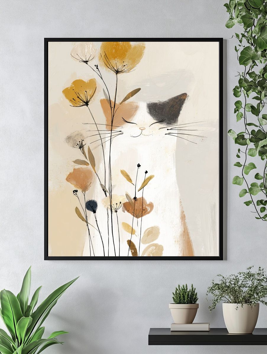 Whimsical Cat with Flowers — Illustration Print. — room view 4
