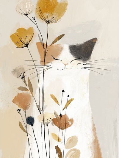 Whimsical Cat with Flowers — Illustration Print. poster print