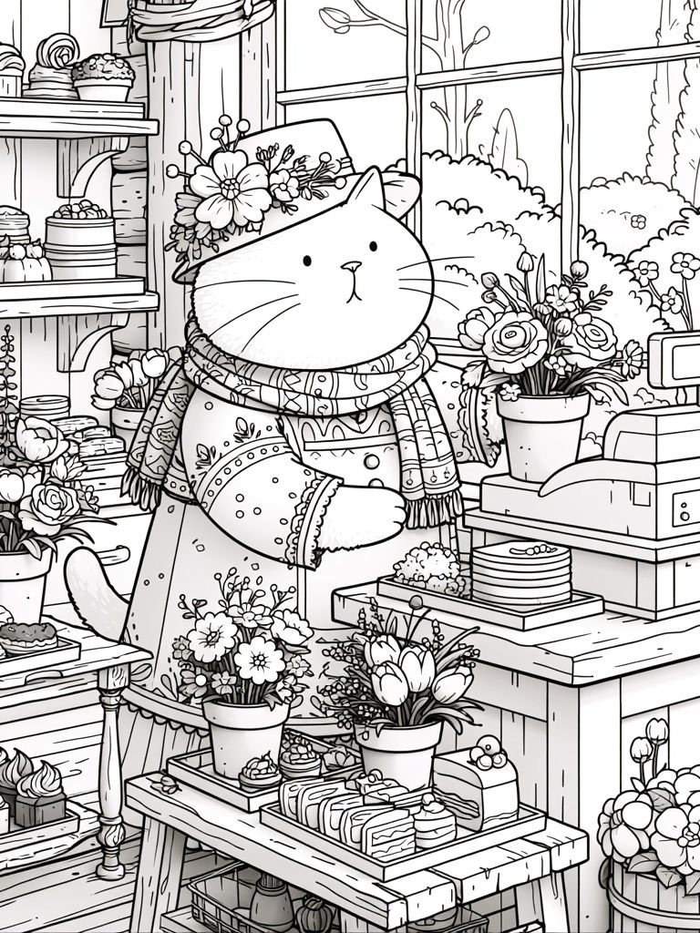Cat Florist Coloring Poster. poster — animals art