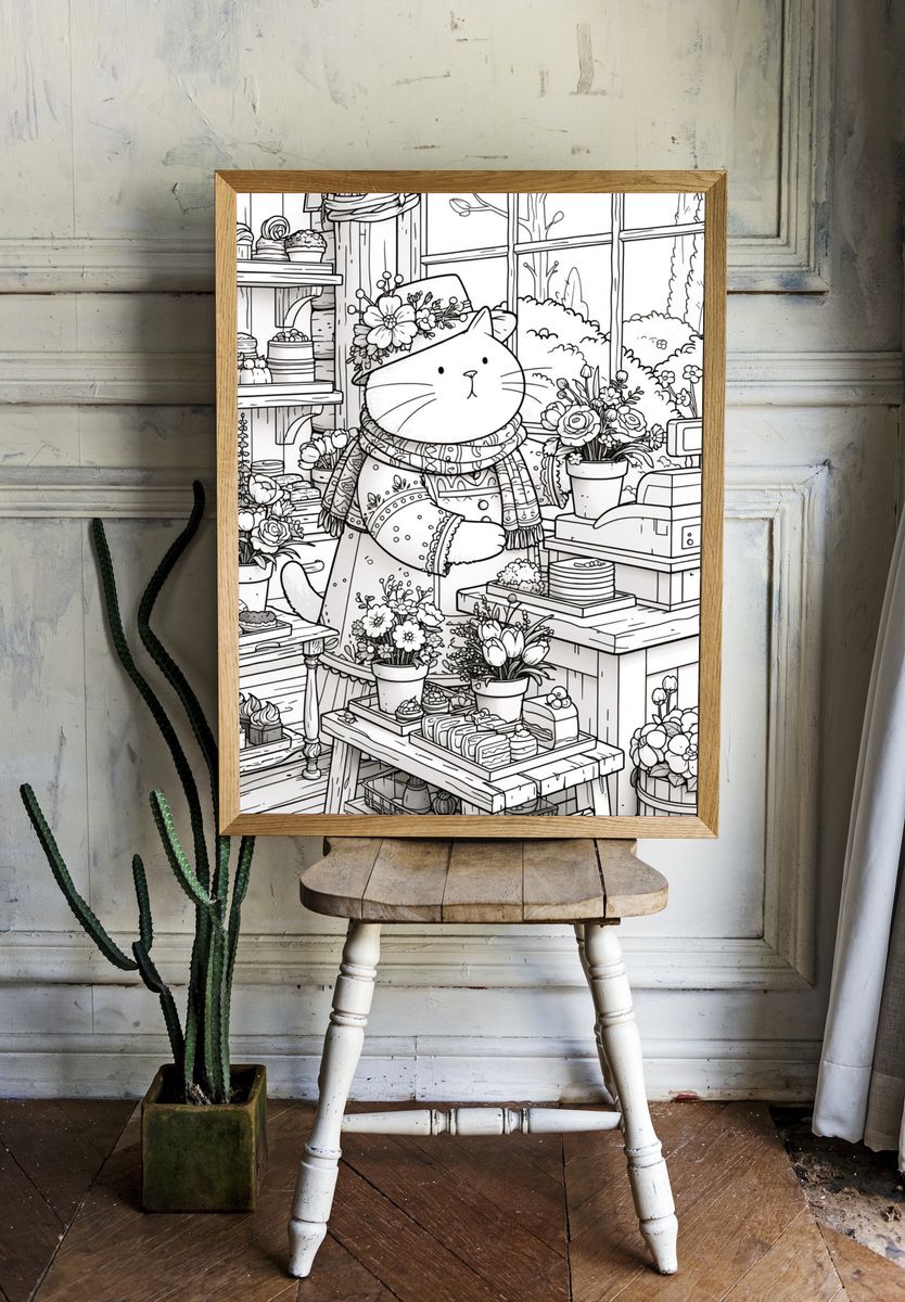 Cat Florist Coloring Poster. room preview