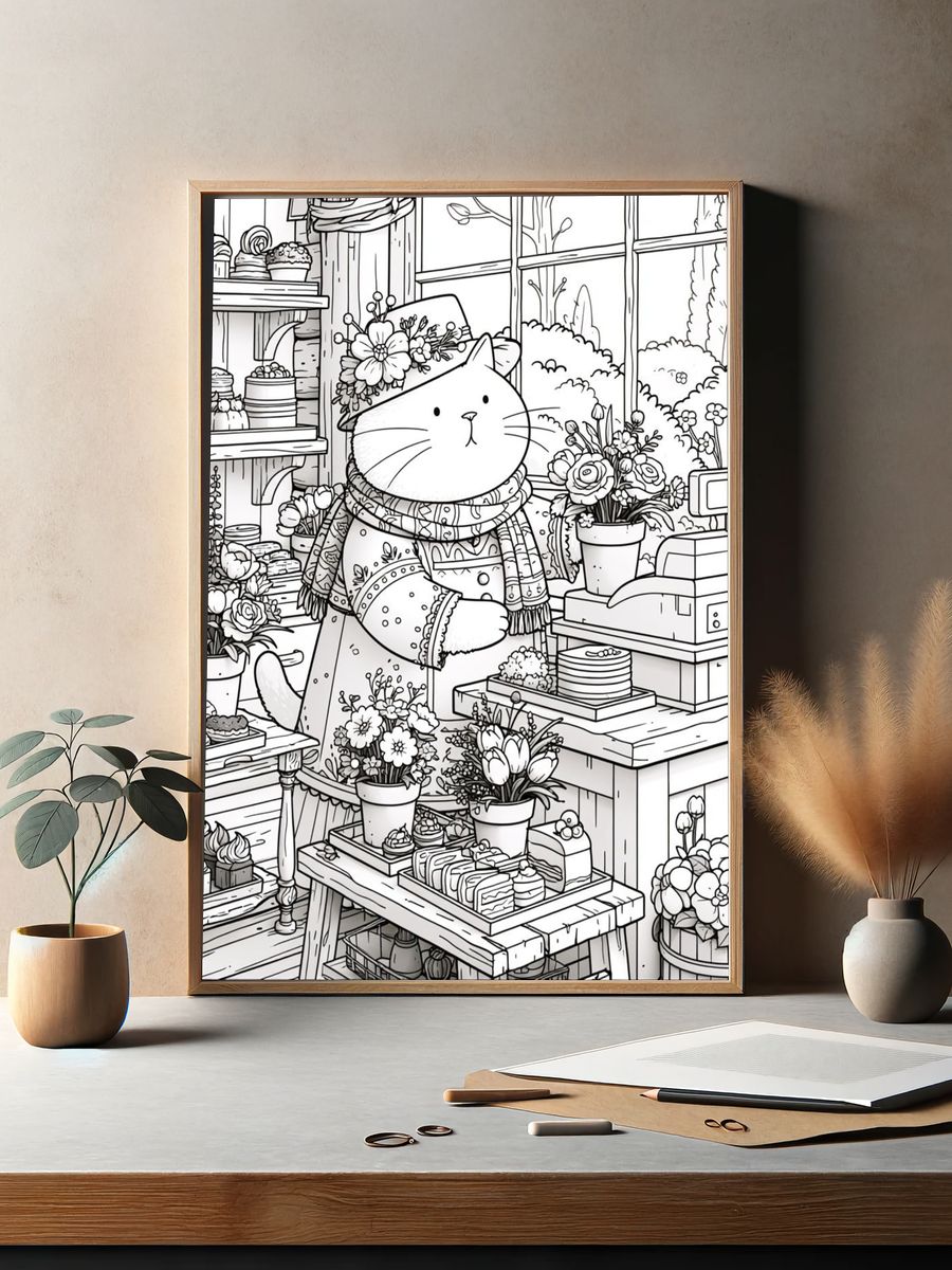 Cat Florist Coloring Poster. — room view 2