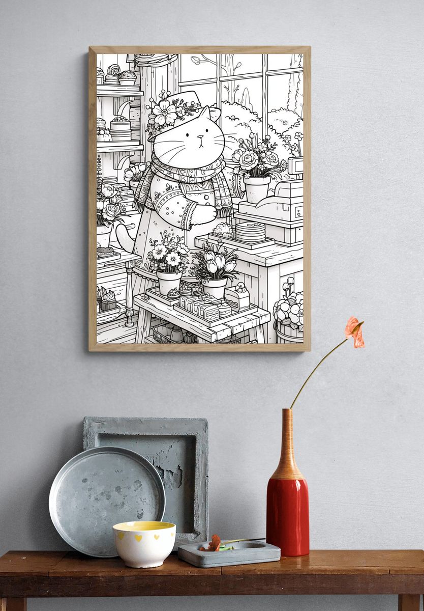 Cat Florist Coloring Poster. — room view 3