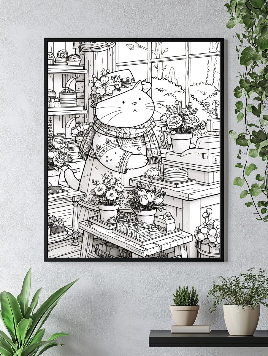 Cat Florist Coloring Poster. — room view 4