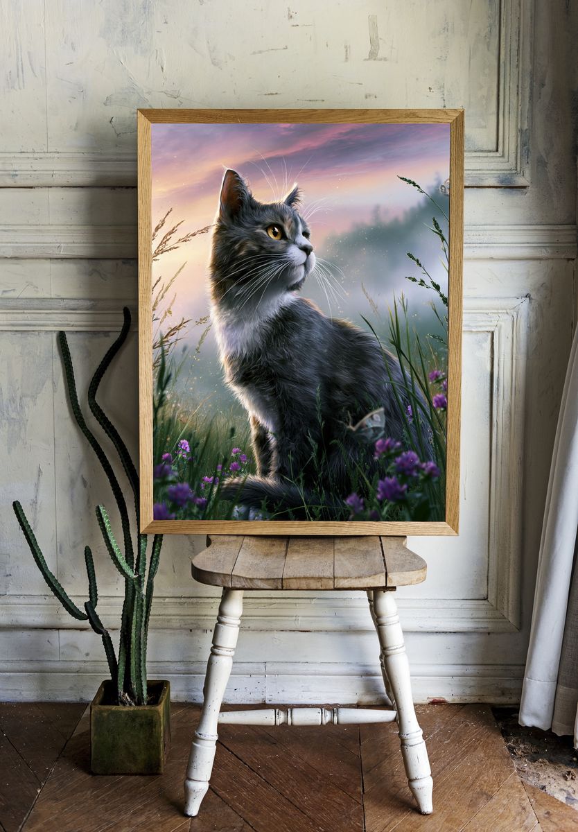 Dreamy Cat Meadow Illustration Poster. room preview