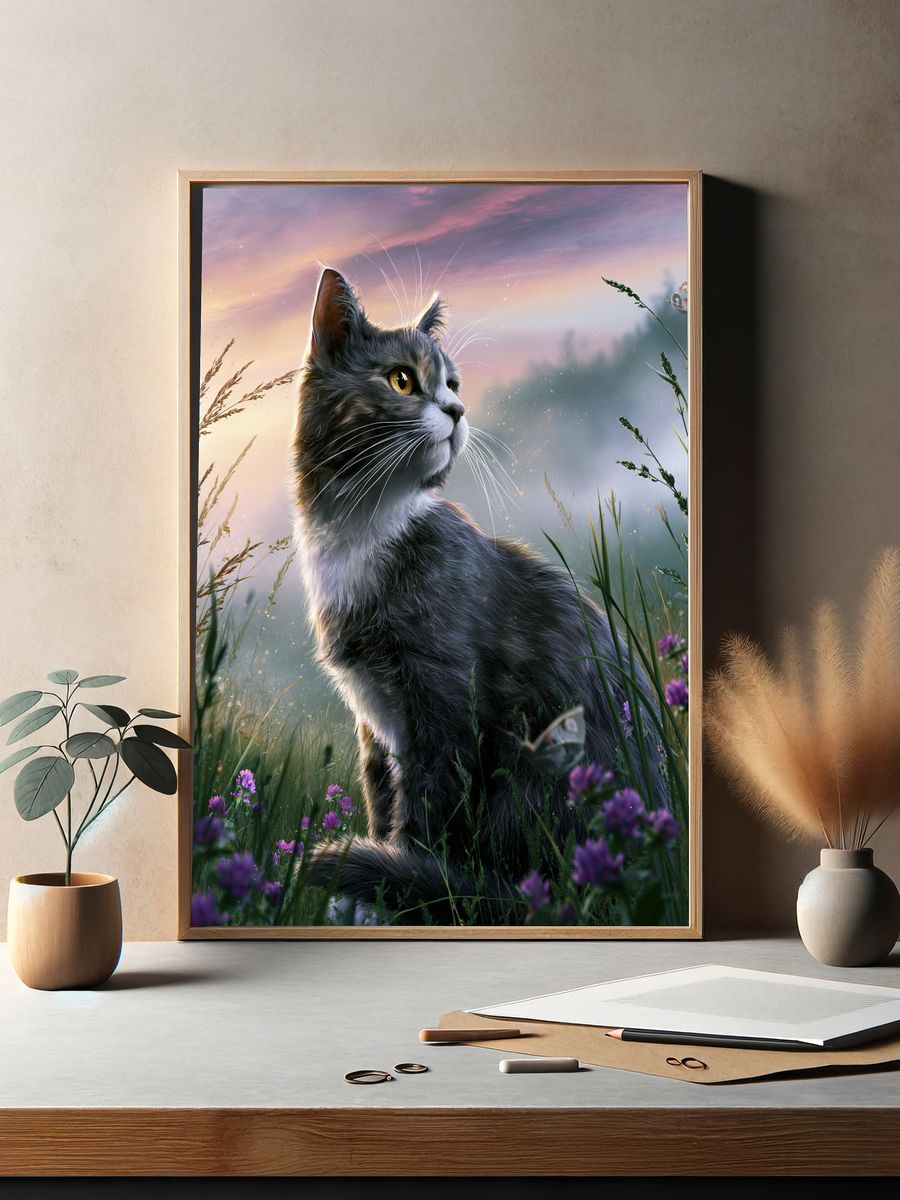 Dreamy Cat Meadow Illustration Poster. — room view 2