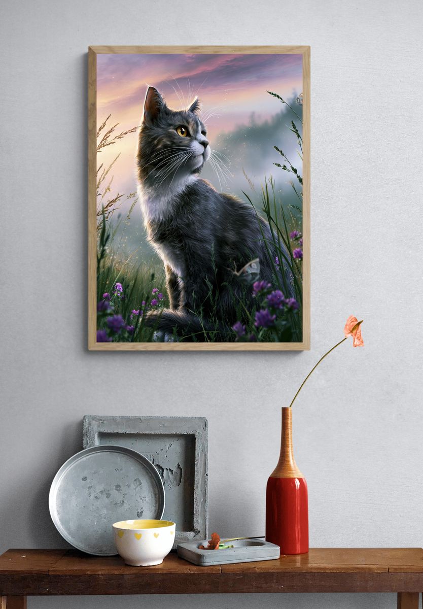 Dreamy Cat Meadow Illustration Poster. — room view 3