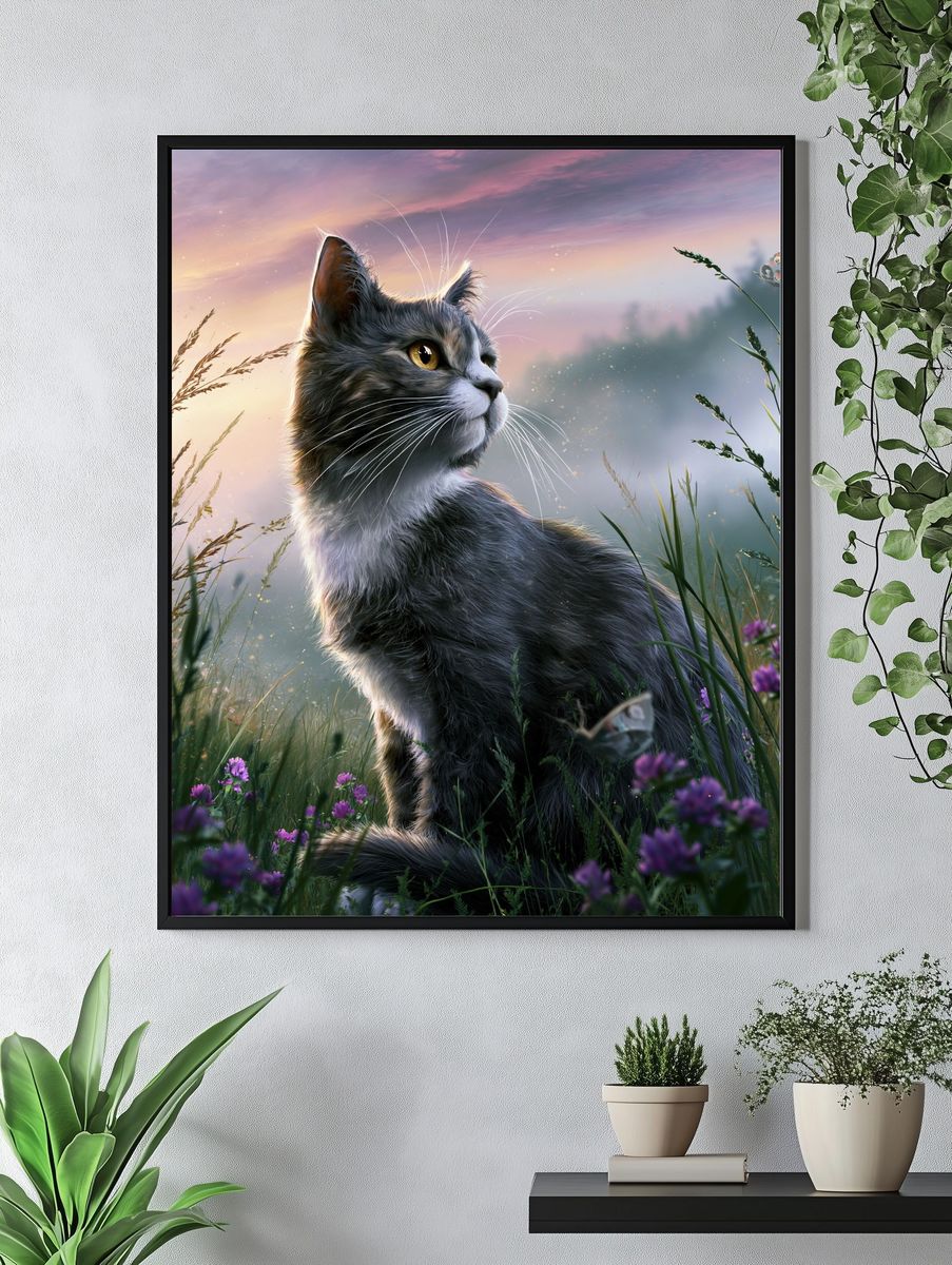 Dreamy Cat Meadow Illustration Poster. — room view 4