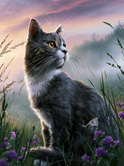 Dreamy Cat Meadow Illustration Poster.