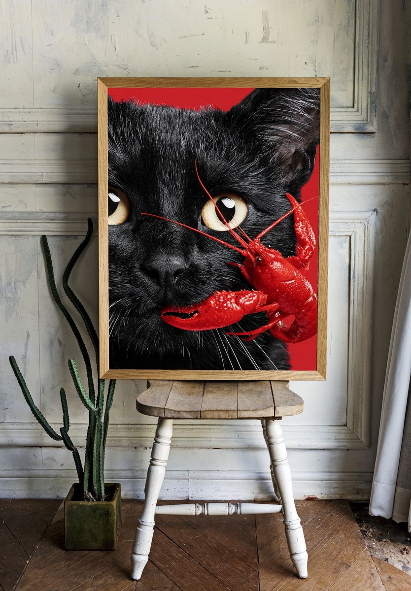 Black Cat and Lobster Surreal Print. — room view 1